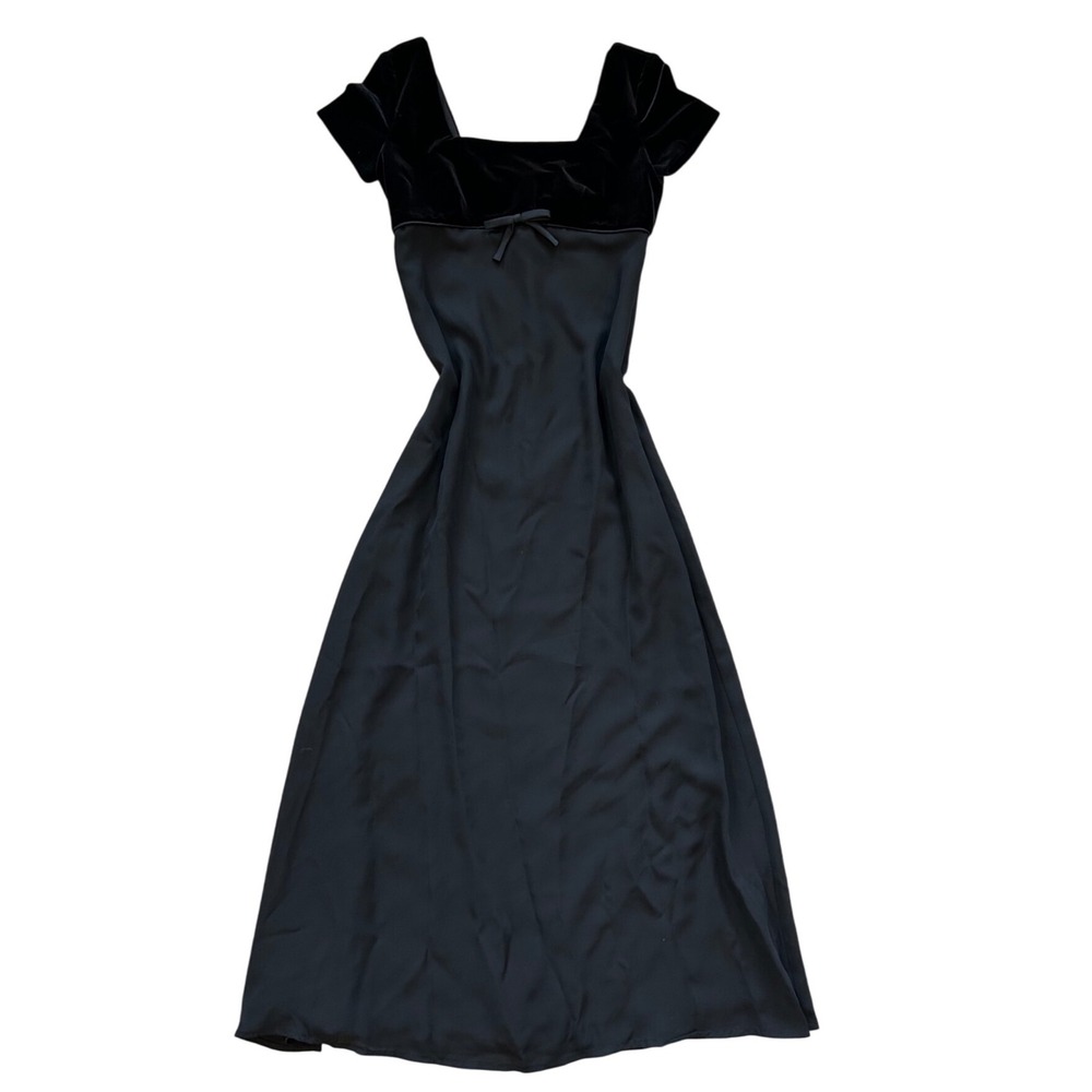 VTG 90s Velvet Sqaure Neck bow detail babydoll black maxi Dress‎ 6 whimsigoth